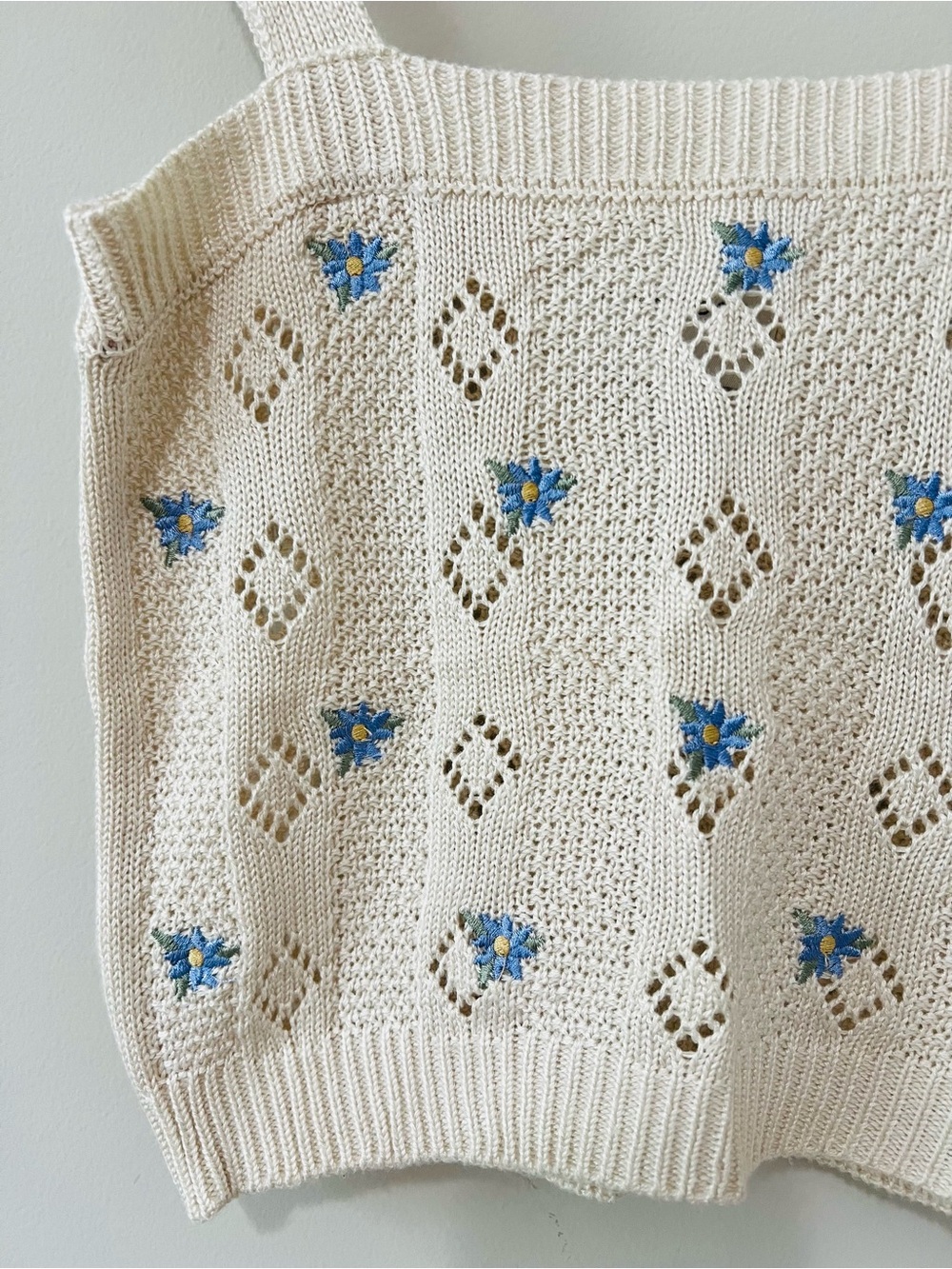 Pink Rose Pointelle Knit Cardigan & Tank Set Blue floral embroidered Cottagecore - Picture 13 of 14